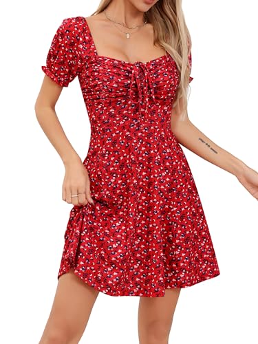 Missufe Vestido casual para mujer con estampado floral y mangas sopladas, vestido de verano con cordón fruncido, vestidos cortos, rojo, XS