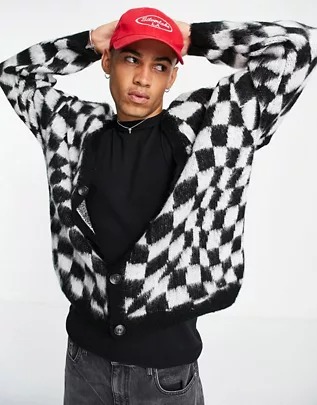 Cárdigan negro a cuadros dameros de punto mullido de ASOS DESIGN