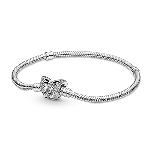 Pandora Moments Pulsera deslizante de plata de ley con cadena de serpiente y cierre en forma de mariposa