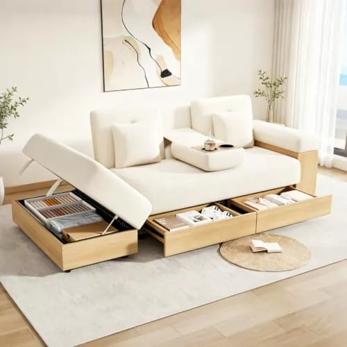 Luckdect - Sofá cama con respaldo de 3 posiciones ajustables, convertible con 2 cajones, portavasos, hidráulicos, almacenamiento oculto y estantes abiertos, para salón, espacio pequeño, oficina