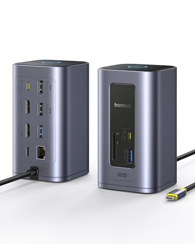 Baseus Docking Station, Nomos Air 12 in 1, Estación de Acoplamiento 2 Monitores con 2 * 4K HDMI, USB-A/C 10Gbps, Ethernet 1 Gbps, 100W PD, HUB USB C para Laptop DELL/HP/Lenovo/ASUS/Acer/Mac