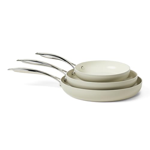 Amazon Basics Batería de Cocina Antiadherente de Cerámica, Juego de 3 Sartenes, Compatibles con Todo Tipo de Fuegos, Aptas para Lavavajillas, Gris Lino