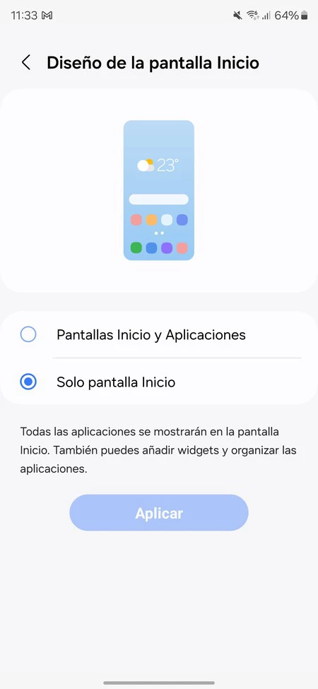 Captura de pantalla mostrando cómo activar o desactivar el cajón de aplicaciones en One UI