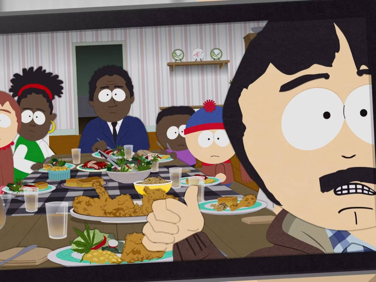 Scène de dîner dans South Park, épisode The Big Fix, avec Stan et la famille Marsh.