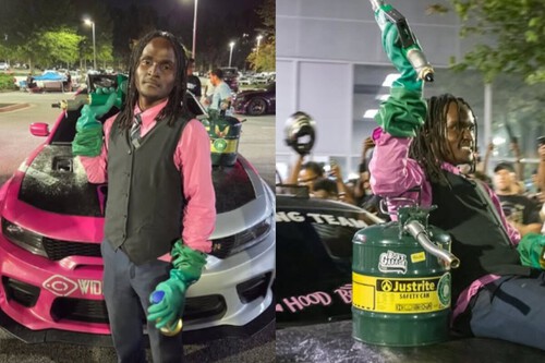 Julian Brown com carro e gasolina criada de plástico. Créditos: JornaldoRap