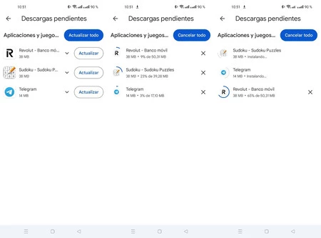Google Play で 3 つのアップデートを同時にダウンロード (中央) し、複数のアップデートを同時にインストール (右)