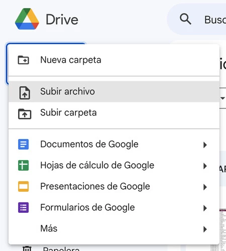 Googleドライブのメニュー