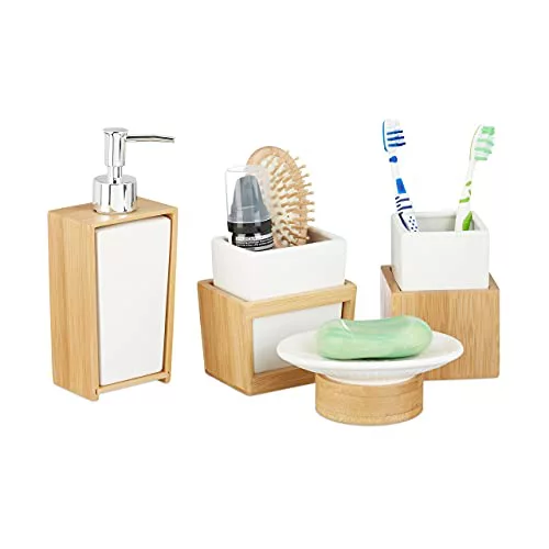 Relaxdays Juego de Accesorios de Baño Moderno, Bambú-Cerámica, Beige-Blanco, 4 Unidades