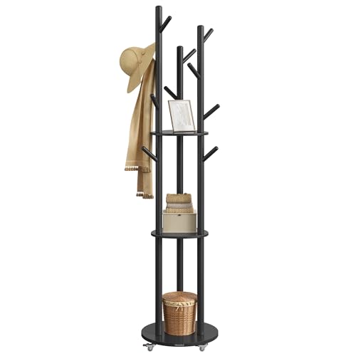 VASAGLE Perchero de Pie, Perchero con 11 Ganchos y 3 Estantes, 4 Ruedas Giratorias de 360° y Extraíbles, Ganchos y Postes de Madera, para Entrada Dormitorio Salón, Negro Tinta RCR023B01
