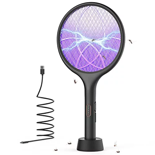 YISSVIC Raqueta Matamoscas Eléctrica 2 en 1 4000V Mata Mosquitos Electrico USB Recargable 1500mAh- Negro