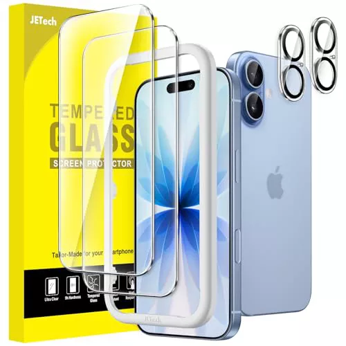 JETech Protector Pantalla para iPhone 17 6,3 Pulgadas con Protector Lente Cámara, Marco de Instalación Fácil, Cristal Vidrio Templado 9H Dureza, HD Clara, 2 Paquetes Cada Uno