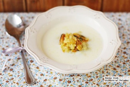Crema parmentier al ajo con mejillones a la naranja. Receta con Thermomix