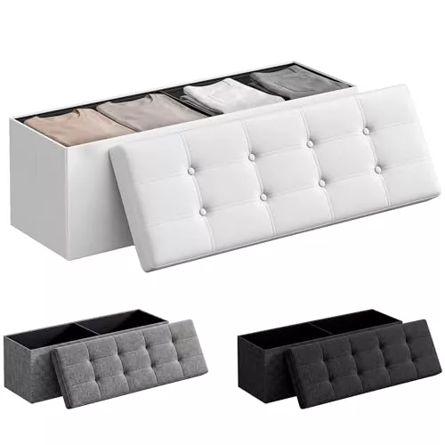 JUPPLIES Puff Almancenaje Acolchado de 130L - Baul Almacenaje Dormitorio - Banco de Almacenaje con Capacidad de Carga 300 kg - Tapizado PVC - Mueble Almacenaje Juguetes Infantil (Blanco, 110x38x38cm)