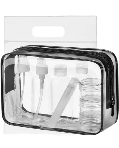 MOCOCITO Neceser Transparente con 8 Botellas de Viaje (MAX.100ml) y 1 Bolsa de Vuelo para Líquidos (20x20 CM,1L