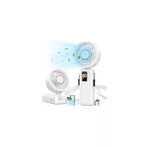 Ventilador de Mano, 3 en 1 Ventilador Portátil, Mini Ventilador Batería 6000mAh Recargable, Pantalla Digital, Plegable 120°, 5 Velocidades, Silencioso Ventilador Ideal para Viajes, Oficina, Hogar