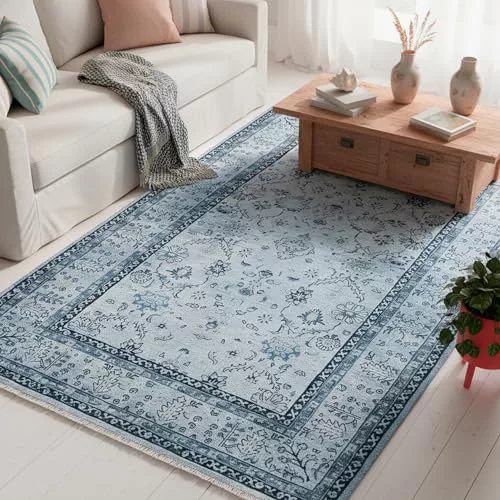 TESSO LIVING Alfombra Kilim 155x225cm Azul Jeans Antideslizante Lavable Salón Comedor Dormitorio Pelo Corto Geométrico Diseño Belga