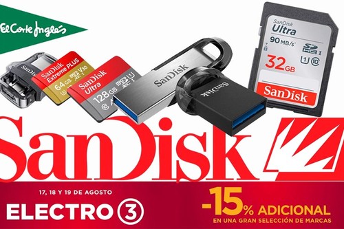 Almacenamiento SanDisk en oferta en Electro 3 de El Corte Inglés: hasta la medianoche, descuento en tarjetas de memoria y pendrives