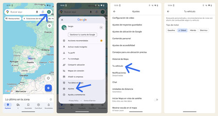 Capturas de pantalla mostrando los pasos a seguir para indicar nuestro tipo de vehículo en Google Maps