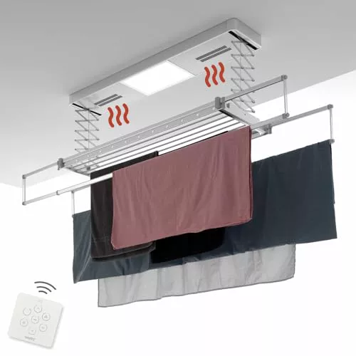 foxydry Pro - Tendedero de techo calefactor, con mando a distancia, con aire caliente, de aluminio y acero, para sábanas, 122 x 52 x 30 cm (120)