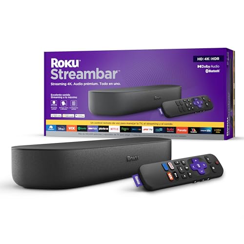 Roku Streambar Dispositivo de Streaming 4K/HD/HDR y Audio Premium, Todo en uno, Incluye Control Remoto de Voz