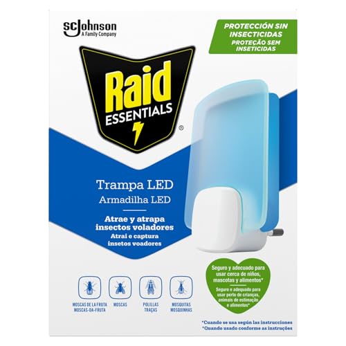 Raid Essentials Trampa LED Antimoscas, Antimoscas de Fruta y Antipolillas, Sin Insecticida, Seguro para Toda la Familia, Inodoro y Sin Residuos, Uso Interior, 1 Aparato y 1 Recambio.
