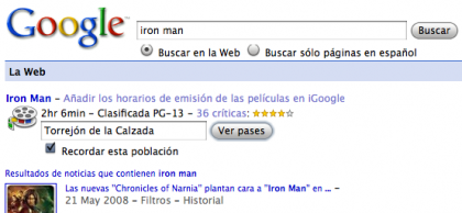 Cartelera integrada en los resultados de Google