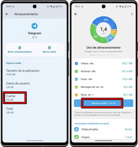 設定からキャッシュを削除する場合と Telegram からキャッシュを削除する場合には大きな違いがあります
