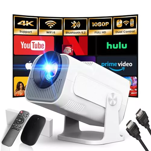 [App Integrada] 2025 Upgraded Proyector Portátil 1920x1080P 4K Supote Videoproyector Dual Control TV WiFi 6 BT5.2 180° Rotation HDMI/TV Stick/USB/PS5/Laptop, con Cable HDMI y Ratón Blanco