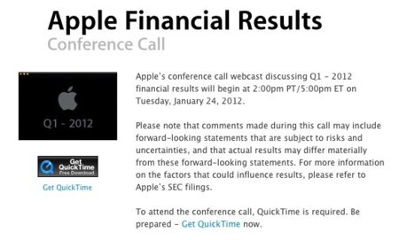 Apple anunciará sus resultados financieros del primer trimestre fiscal del 2012 el 24 de enero