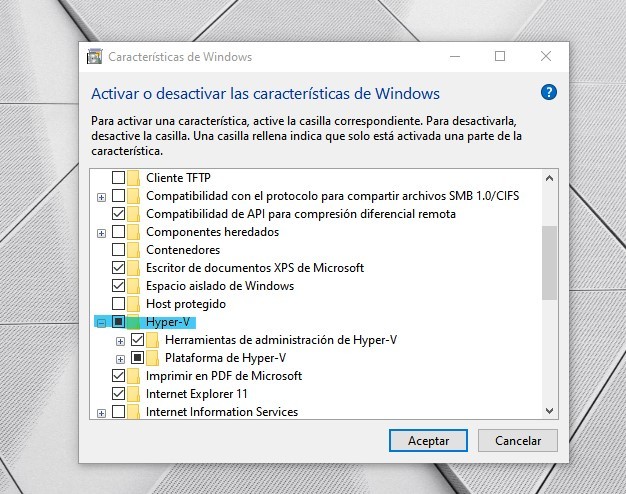 Activación de Hyper-V en Windows 10