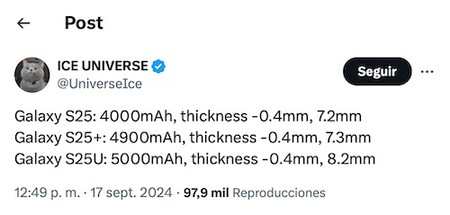 Galaxy S25: 4000mAh, thickness -0.4mm, 7.2mm. Galaxy S25+: 4900mAh, thickness -0.4mm, 7.3mm. Galaxy S25U: 5000mAh, thickness -0.4mm, 8.2mm