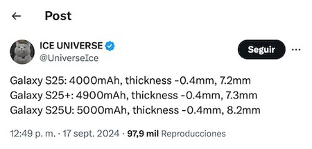 Galaxy S25: 4000mAh、厚さ-0.4mm、7.2mm。 Galaxy S25+: 4900mAh、厚さ-0.4mm、7.3mm。 Galaxy S25U: 5000mAh、厚さ-0.4mm、8.2mm