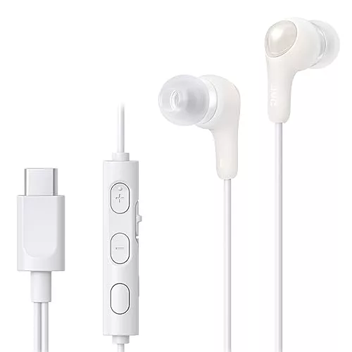 Auriculares JVC con Cable y Micro - Con USB tipo C, Sonido Potente y Claro, Control desde Botón, Anti Delay (sin Retraso de Audio) y 4 Tallas de Almohadillas Incluidas - Cascos con Micrófono HA-FR9UC