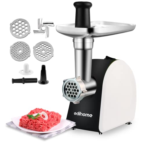 Edihome, Picadora de Carne Eléctrica, Marcha avance y Retroceso, Máquina para picar Carne Profesional, 2200W, Multifuncional con 3 placas de Corte y Embutidor de Salchichas (Blanco y negro)