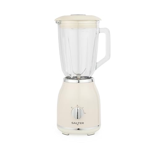 Salter Retro Cream Jug Blender - Jarra de vidrio extraíble libre de BPA de 1,5 litros, 2 velocidades y función de pulso, cuchillas cruzadas de acero inoxidable, base antideslizante, 1000 W