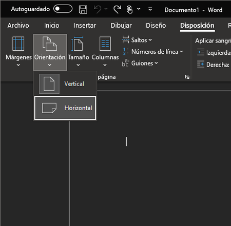 disposición horizontal Word