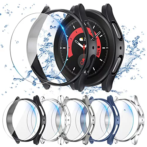 Neitra [5+5Piezas Samsung Galaxy Watch 5 Pro 45mm Funda + Protector de pantalla, 5 Película protectora de vidrio templado + 5 carcasa rígidas para parachoques PC Estuches a prueba de rayones