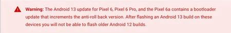 Pixel 6 用の Android 13 イメージをダウンロードするときの警告メッセージ