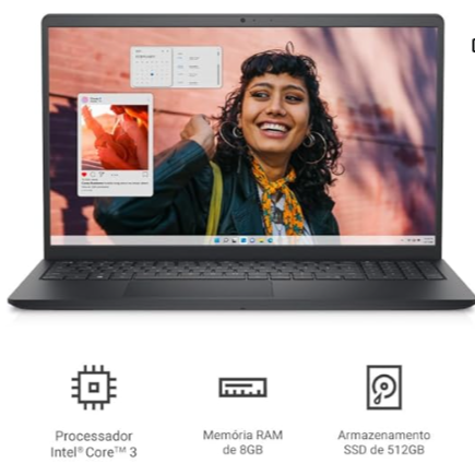 Notebook Dell Inspiron i15-i3100-A15P 15.6" Full HD Intel Core 3-100U 8GB 512GB SSD Win Home Preto Carbono
