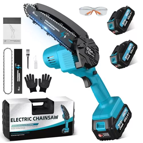 Mini Motosierra Bateria 6 Pulgadas, Motosierra Eléctrica con 2x4000mAh Bateria