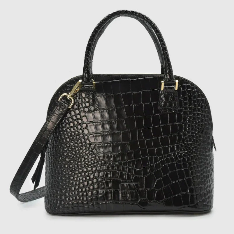 Bolso de mano multiposición de piel grabada en coco color negro Leandra