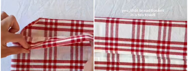 Si reutilizas los trapos viejos de cocina que tienes por casa, puedes hacer tu mismo sin costuras esta panera o bandeja de alimentos tan práctica