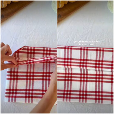 Si reutilizas los trapos viejos de cocina que tienes por casa, puedes hacer tu mismo sin costuras esta panera o bandeja de alimentos tan práctica