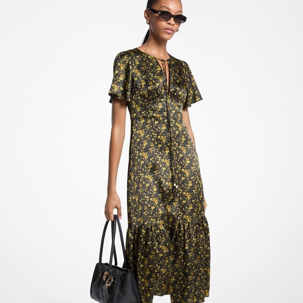 Vestido midi de satén con estampado floral Kaki Michael Michael Kors

