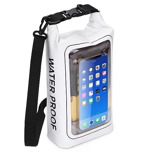 SWOURT Bolsa de teléfono de playa impermeable 2L, bolsas secas para kayak impermeable w/teléfono caso/bolsa grande impermeable teléfono bolsa accesorios camping esenciales, Blanco 2L, Bolsillo para