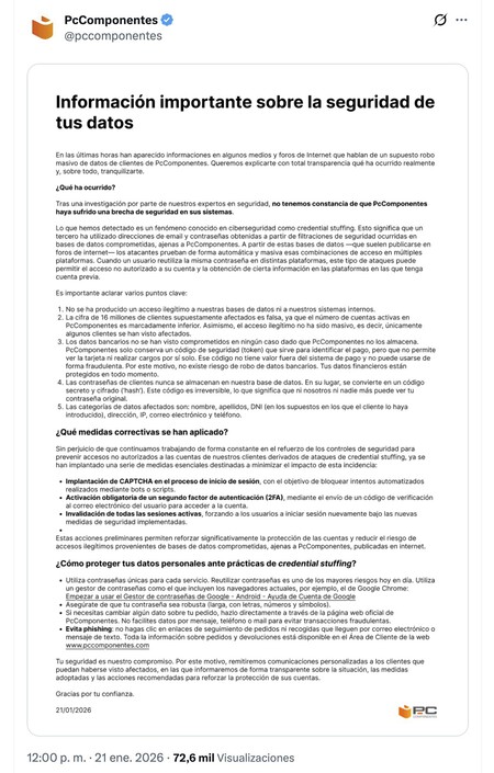 A PcComponentes nega ter sido hackeada. Segundo eles, o ocorrido foi bem diferente e muito menos grave.