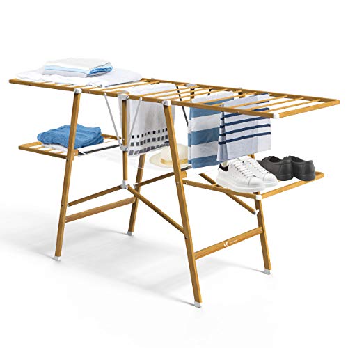 VOUNOT® Tendedero de Ropa Plegable, para Interior, 20 m de Espacio de Tendido, Acero Inoxidable, Imitación de Apariencia de Madera