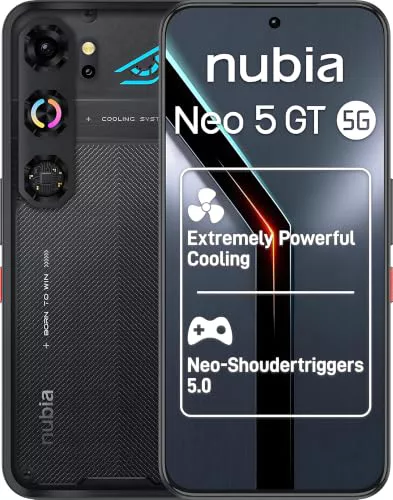 ZTE Nubia Neo 5 GT 5G, Smartphone Gaming con IA, 12GB+256GB, Gatillos Laterales, Ventilador físico Incorporado, Pantalla AMOLED 6,8" 1.5K 144Hz, 6210mAh Doble celda, Android 16, Negro (Phantom Black)