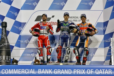 Lorenzo, Dovizioso y Márquez valoran desde el podio de MotoGP la carrera de Catar