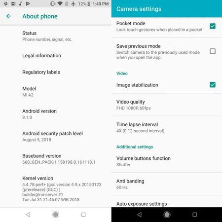 アップデート後のカメラ設定(GSMArenaより画像)